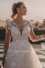 Dreamy Ivory Crew Long Sleeves A-line Wedding Dress with Appliques and Chapel Train