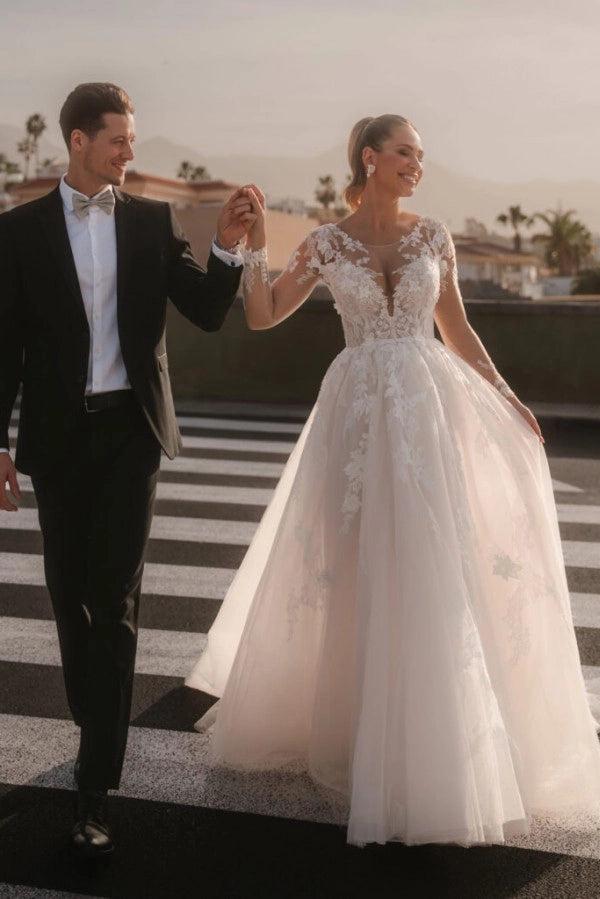 Dreamy Ivory Crew Long Sleeves A-line Wedding Dress with Appliques and Chapel Train