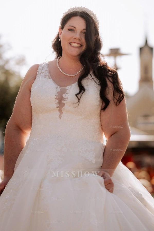 Dreamy Ivory V-Neck Sleeveless Ball Gown Wedding Dress with Appliques and Chapel Train