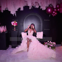 Dreamy Long Pink V-Neck Sleeveless Mermaid Prom Dress with Ruffles and Slit