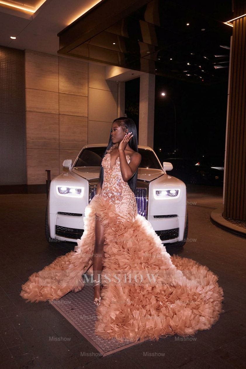 Dreamy Long Pink V-Neck Sleeveless Mermaid Prom Dress with Ruffles and Slit