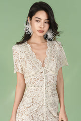 Ivory Ankle Length V-neck Lace Dress with Short Sleeves