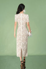 Ivory Ankle Length V-neck Lace Dress with Short Sleeves