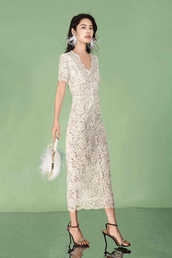 Ivory Ankle Length V-neck Lace Dress with Short Sleeves