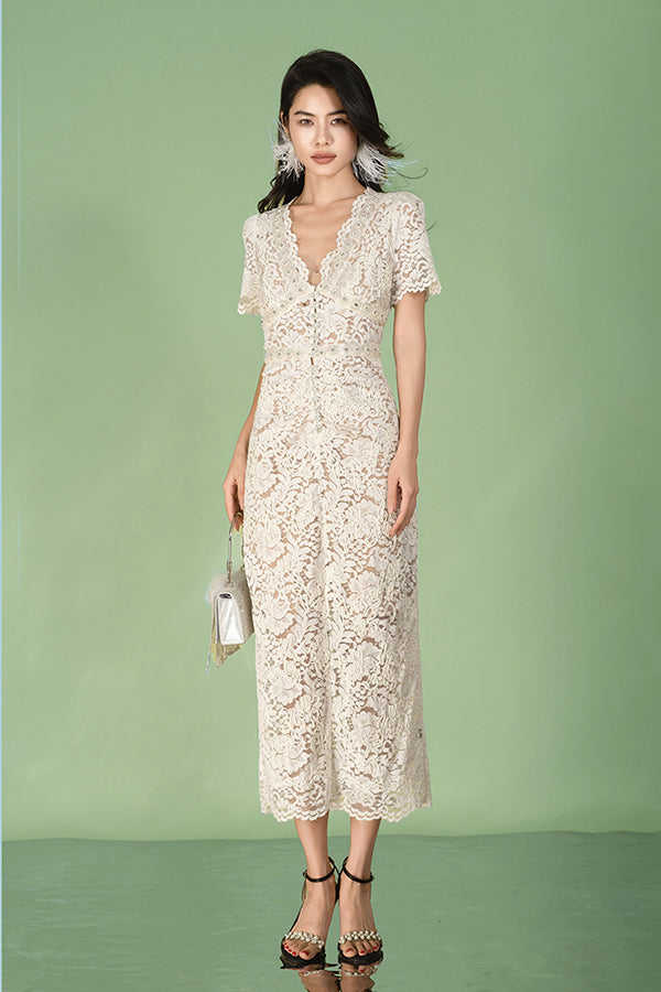 Ivory Ankle Length V-neck Lace Dress with Short Sleeves