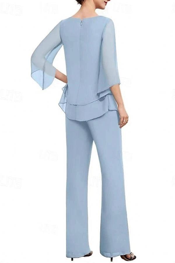 Dusty Blue Chiffon 2-Piece Pants Suit Mother of the Bride Dress Jewel Neck 3/4 Flared Bell Sleeves Tiered Chiffon Top Wide-Leg Pants Formal Outfit