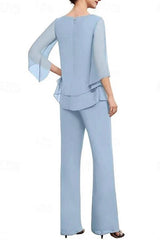 Dusty Blue Chiffon 2-Piece Pants Suit Mother of the Bride Dress Jewel Neck 3/4 Flared Bell Sleeves Tiered Chiffon Top Wide-Leg Pants Formal Outfit