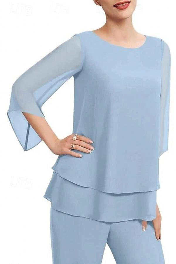 Dusty Blue Chiffon 2-Piece Pants Suit Mother of the Bride Dress Jewel Neck 3/4 Flared Bell Sleeves Tiered Chiffon Top Wide-Leg Pants Formal Outfit