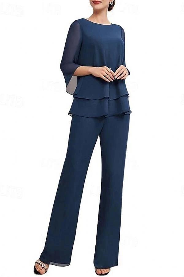 Dusty Blue Chiffon 2-Piece Pants Suit Mother of the Bride Dress Jewel Neck 3/4 Flared Bell Sleeves Tiered Chiffon Top Wide-Leg Pants Formal Outfit