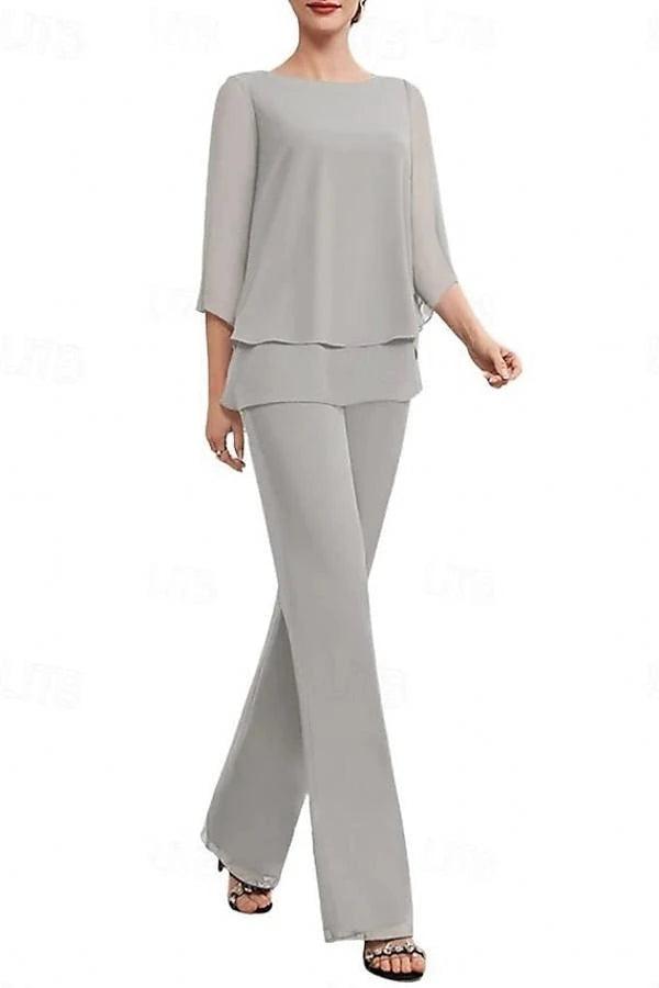 Dusty Blue Chiffon 2-Piece Pants Suit Mother of the Bride Dress Jewel Neck 3/4 Flared Bell Sleeves Tiered Chiffon Top Wide-Leg Pants Formal Outfit