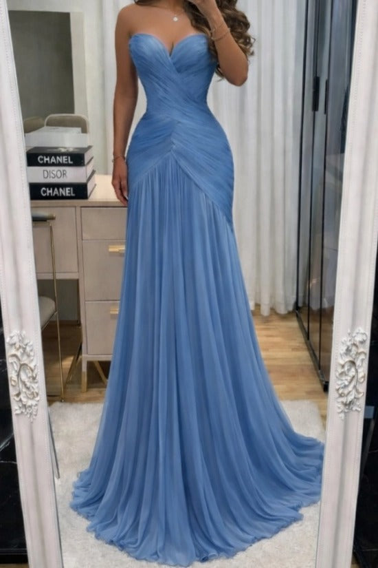 Dusty Blue Chiffon Mermaid Evening Dress Strapless Sweetheart Criss-Cross Ruched Corset Formal Gown with Chapel Train