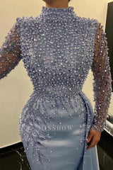 Dusty Blue High Neck Long Sleeves Mermaid Beaded Pearl Floor Length Formal Evening Gown