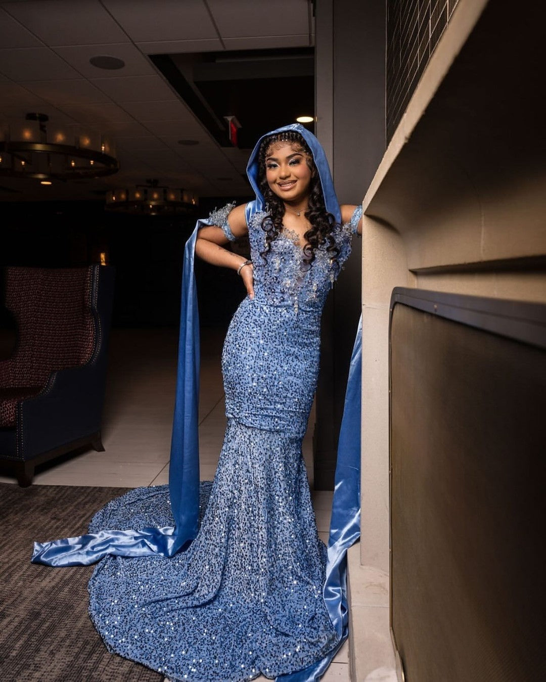 Dusty Blue Mermaid Prom Dress Illusion Deep V Neck All-Over Sequin Crystal Rhinestone Beaded 3D Lace Floral Off Shoulder Cap Sleeve Dramatic Satin Hooded Cape Sweep Train Gown