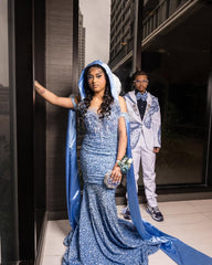 Dusty Blue Mermaid Prom Dress Illusion Deep V Neck All-Over Sequin Crystal Rhinestone Beaded 3D Lace Floral Off Shoulder Cap Sleeve Dramatic Satin Hooded Cape Sweep Train Gown