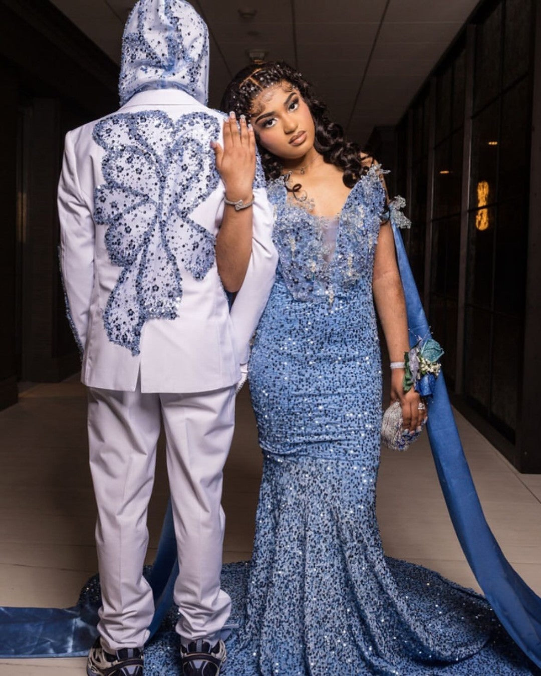 Dusty Blue Mermaid Prom Dress Illusion Deep V Neck All-Over Sequin Crystal Rhinestone Beaded 3D Lace Floral Off Shoulder Cap Sleeve Dramatic Satin Hooded Cape Sweep Train Gown