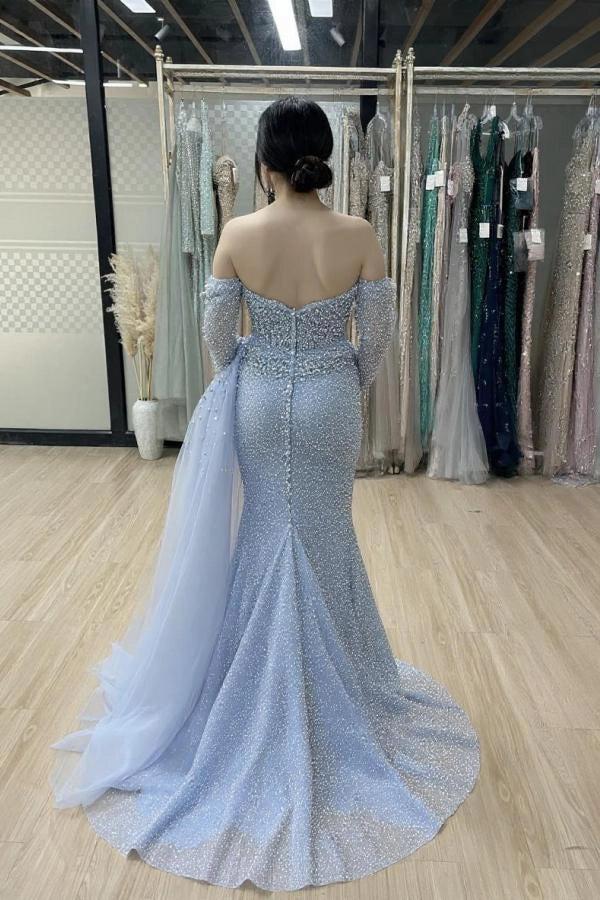 Dusty Blue Off-the-Shoulder Long Sleeve Beaded Pearl Tulle Mermaid Floor Evening Gown