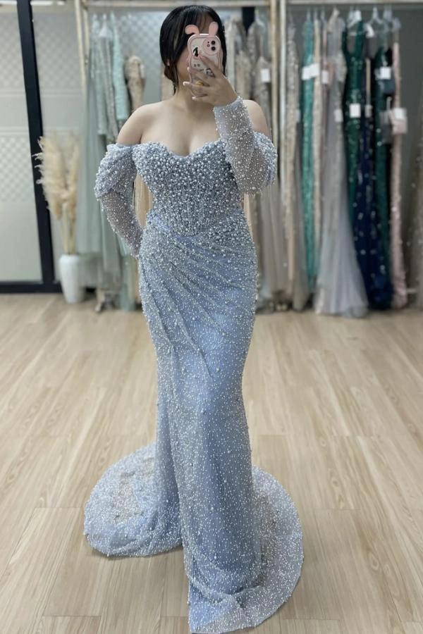 Dusty Blue Off-the-Shoulder Long Sleeve Beaded Pearl Tulle Mermaid Floor Evening Gown