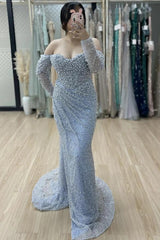 Dusty Blue Off-the-Shoulder Long Sleeve Beaded Pearl Tulle Mermaid Floor Evening Gown