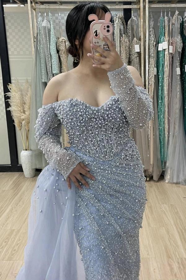 Dusty Blue Off-the-Shoulder Long Sleeve Beaded Pearl Tulle Mermaid Floor Evening Gown
