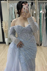 Dusty Blue Off-the-Shoulder Long Sleeve Beaded Pearl Tulle Mermaid Floor Evening Gown