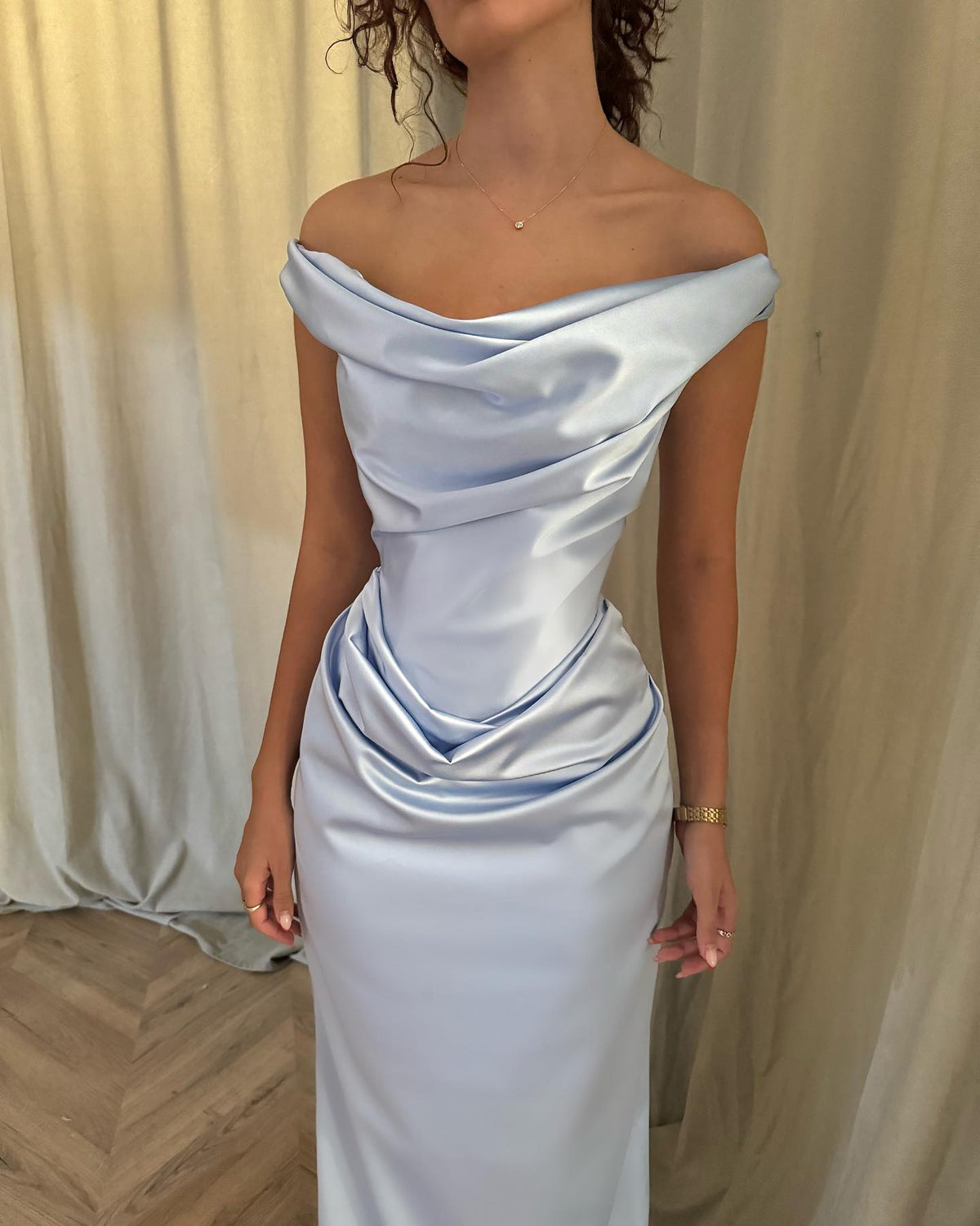 Dusty Blue Off-the-Shoulder Sleeveless Ruched Mermaid Satin Floor Formal Evening Gown