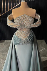 Dusty Blue Satin Mermaid Evening Dress Off-the-Shoulder Sweetheart Allover Silver Crystal Pearl 3D Floral Beaded Illusion Corset Bodice Crystal Brooch Ruched Waist Oversized Satin Side Drape Overskirt Formal Gown