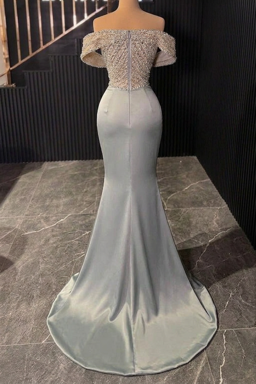 Dusty Blue Satin Mermaid Evening Dress Off-the-Shoulder Sweetheart Allover Silver Crystal Pearl 3D Floral Beaded Illusion Corset Bodice Crystal Brooch Ruched Waist Oversized Satin Side Drape Overskirt Formal Gown