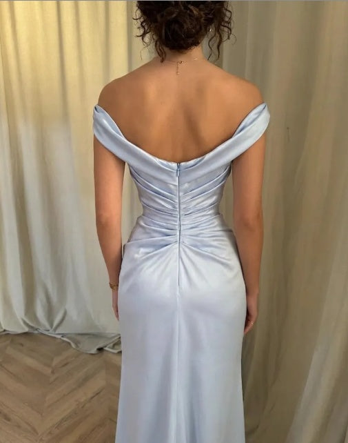 Dusty Blue Satin Mermaid Formal Dress Off-the-Shoulder Ruched Waist Open Back Floor Length