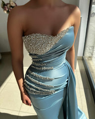 Dusty Blue Satin Mermaid Formal Dress Strapless Sweetheart Heavy Beading Rhinestone Ruched Sweep Train Evening Gown