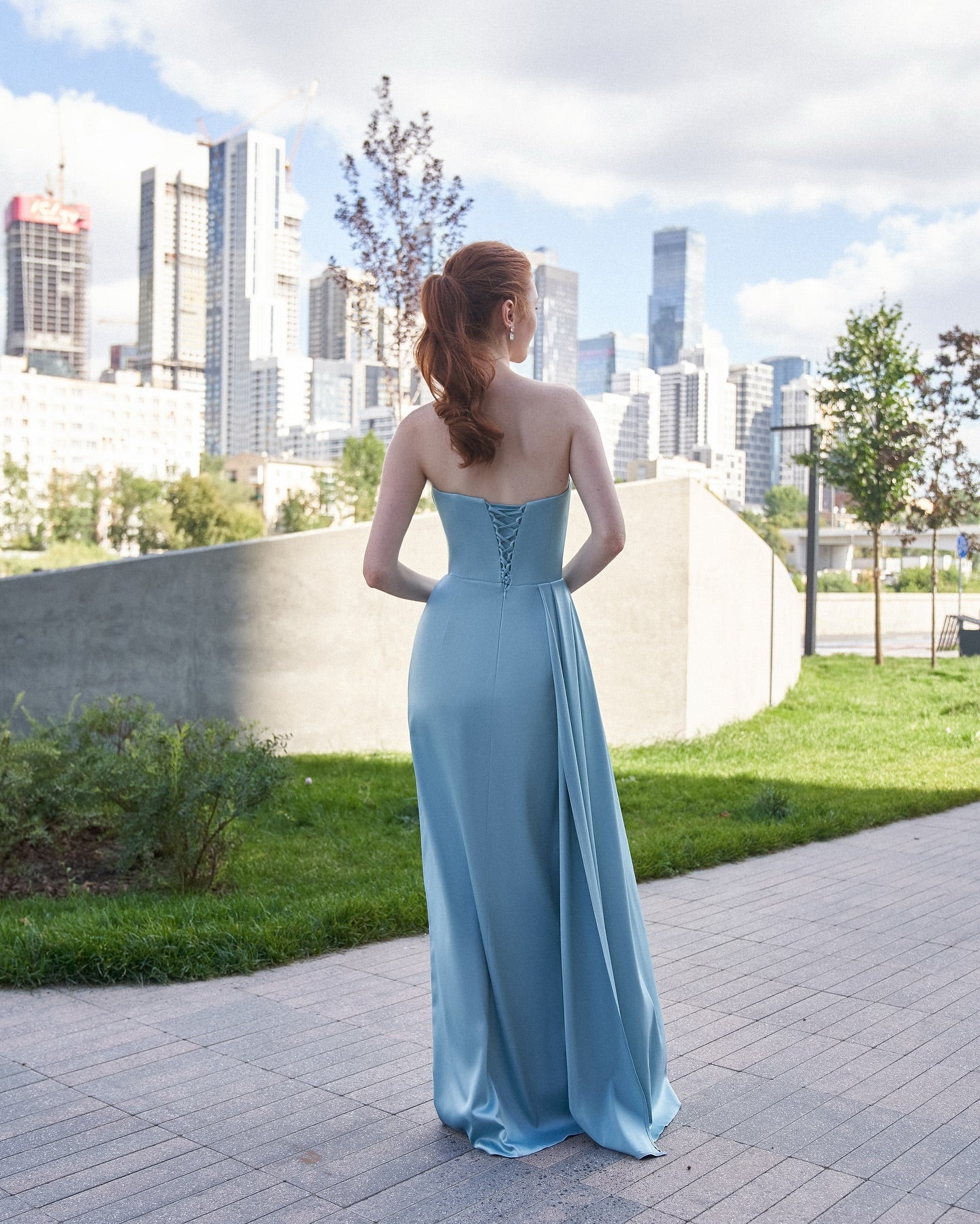 Dusty Blue Strapless Long Column Satin Formal Dress Ruched Lace Up Back High Slit Evening Gown