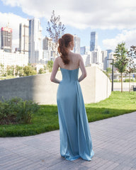 Dusty Blue Strapless Long Column Satin Formal Dress Ruched Lace Up Back High Slit Evening Gown