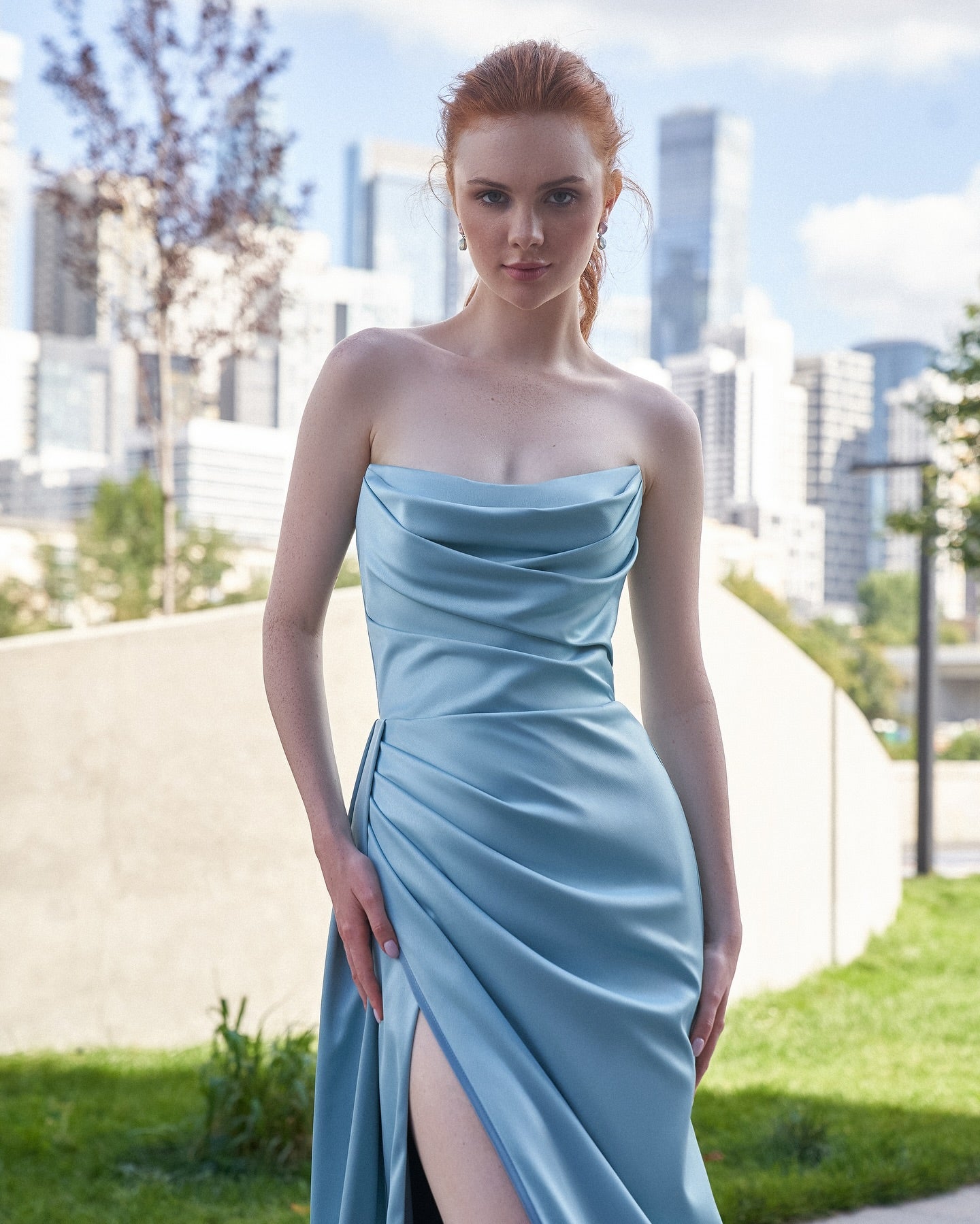 Dusty Blue Strapless Long Column Satin Formal Dress Ruched Lace Up Back High Slit Evening Gown