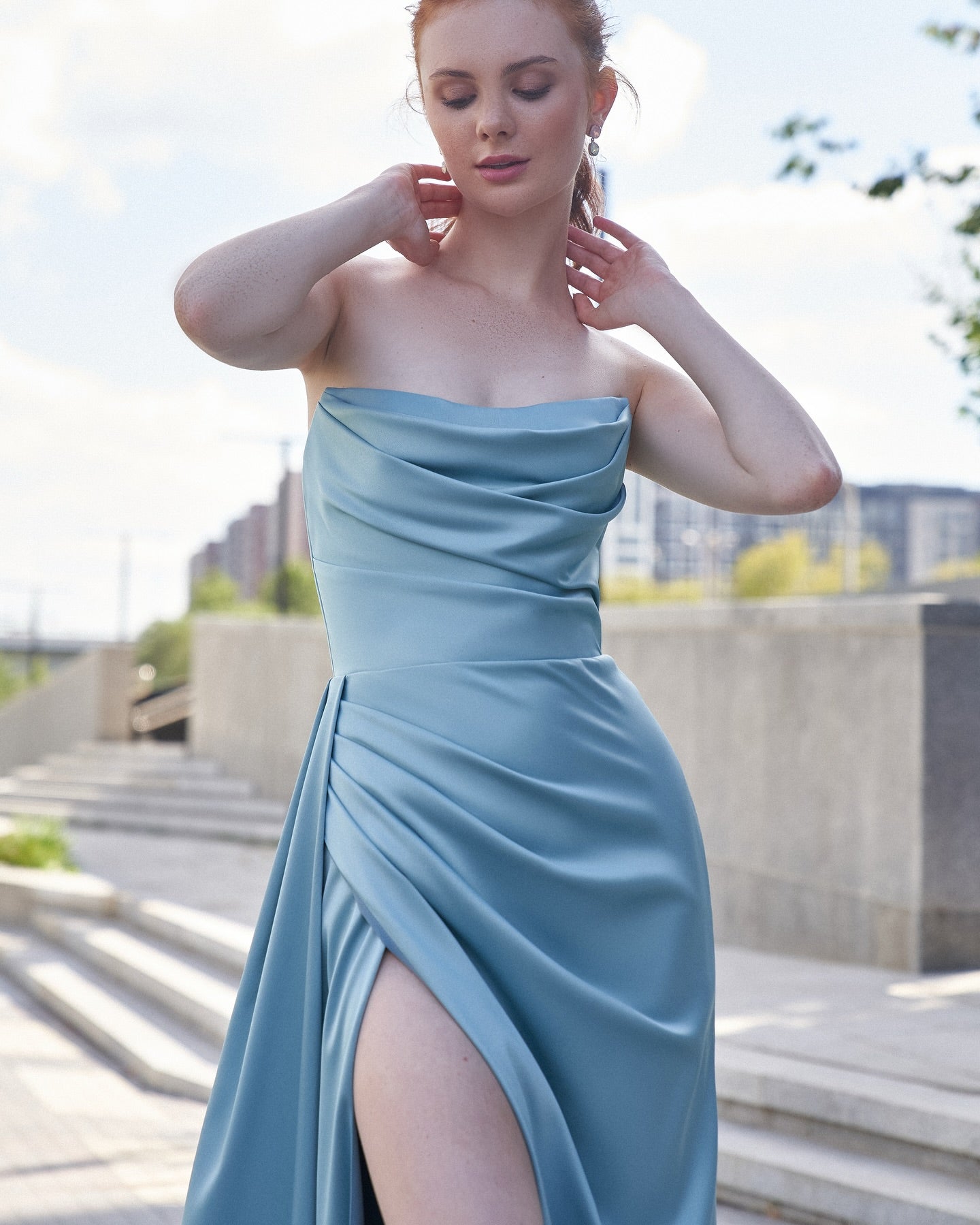 Dusty Blue Strapless Long Column Satin Formal Dress Ruched Lace Up Back High Slit Evening Gown