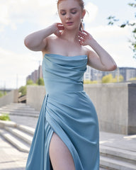 Dusty Blue Strapless Long Column Satin Formal Dress Ruched Lace Up Back High Slit Evening Gown