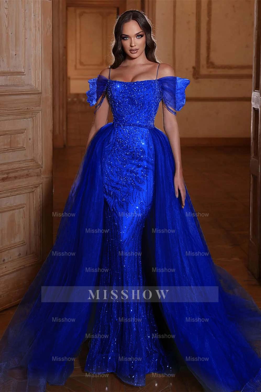 Dusty Blue Sweetheart Sleeveless Mermaid Tulle Ruffled Floor Length Evening Gown