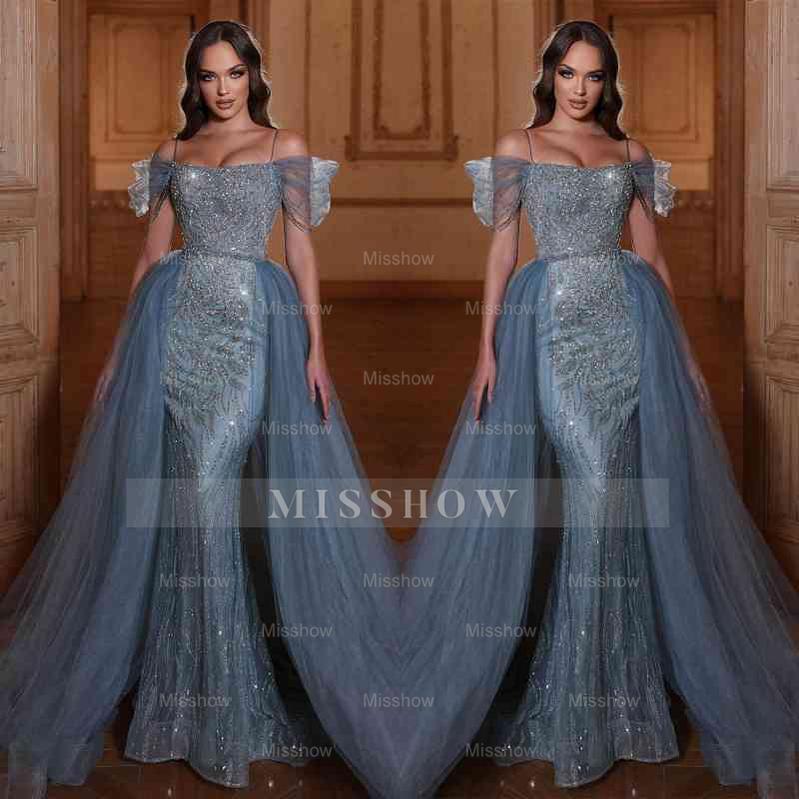 Dusty Blue Sweetheart Sleeveless Mermaid Tulle Ruffled Floor Length Evening Gown