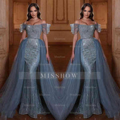 Dusty Blue Sweetheart Sleeveless Mermaid Tulle Ruffled Floor Length Evening Gown
