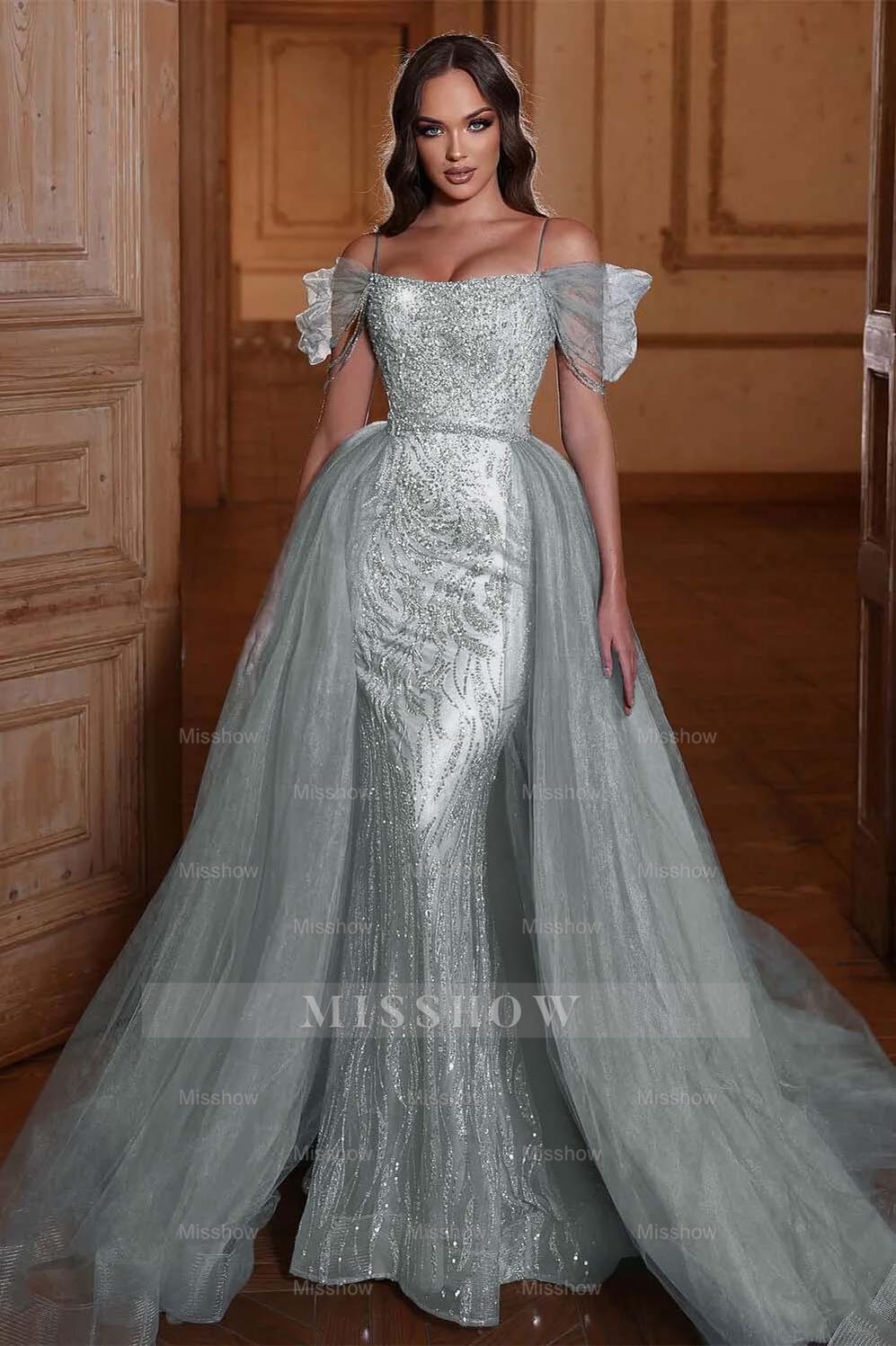 Dusty Blue Sweetheart Sleeveless Mermaid Tulle Ruffled Floor Length Evening Gown