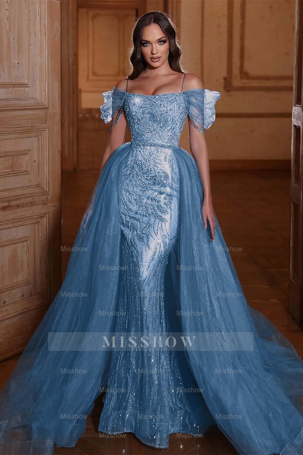 Dusty Blue Sweetheart Sleeveless Mermaid Tulle Ruffled Floor Length Evening Gown