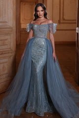 Dusty Blue Sweetheart Sleeveless Mermaid Tulle Ruffled Floor Length Evening Gown