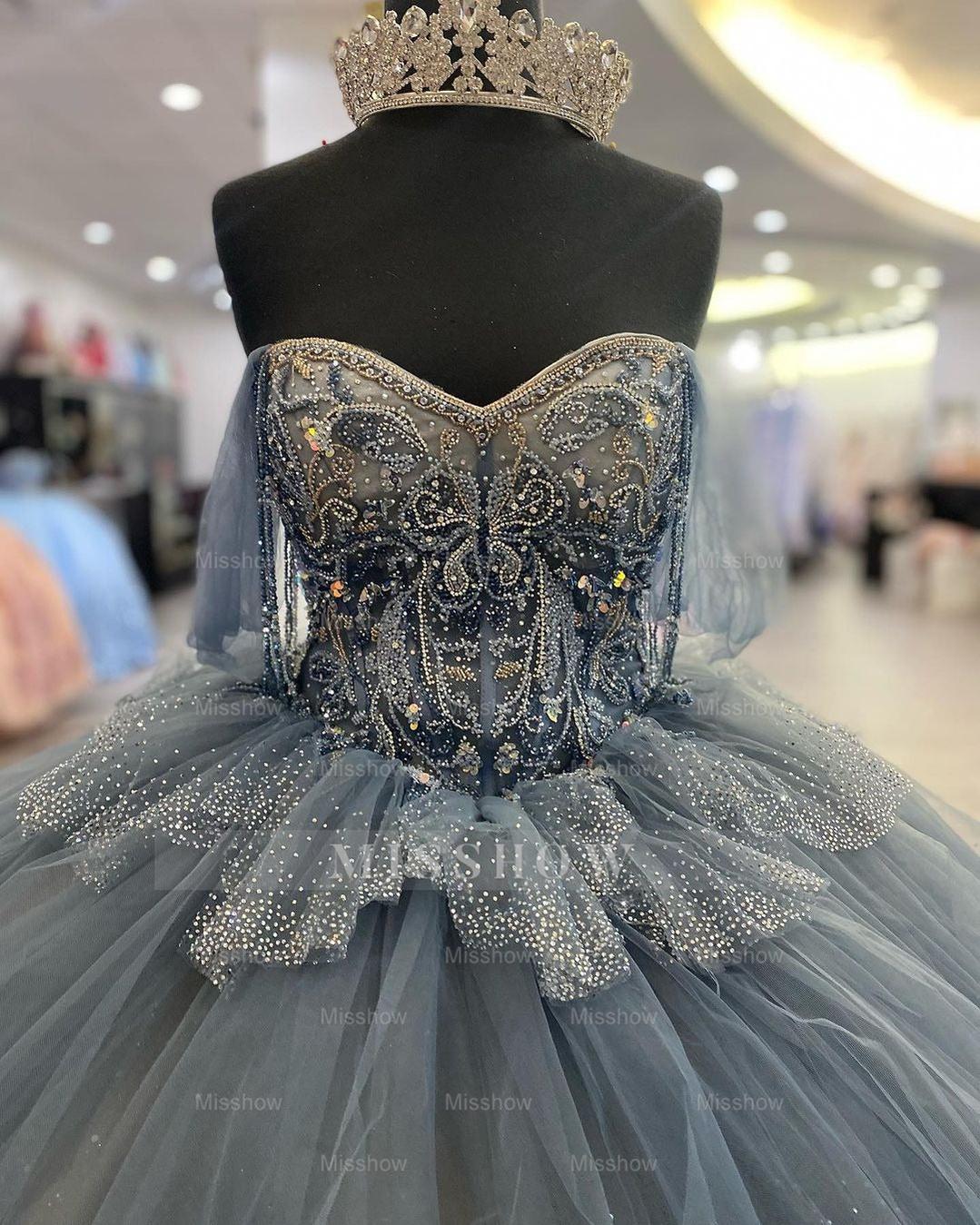 Dusty Blue Sweetheart Sleeveless Rhinestone Beaded Tiered Ball Gown Quinceanera Dress