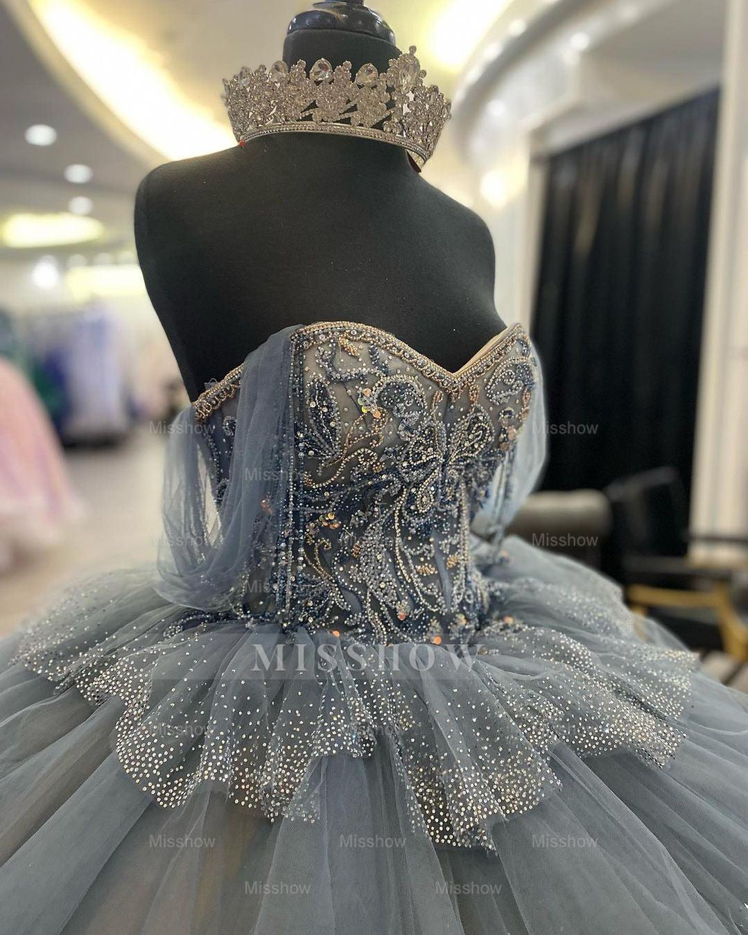 Dusty Blue Sweetheart Sleeveless Rhinestone Beaded Tiered Ball Gown Quinceanera Dress