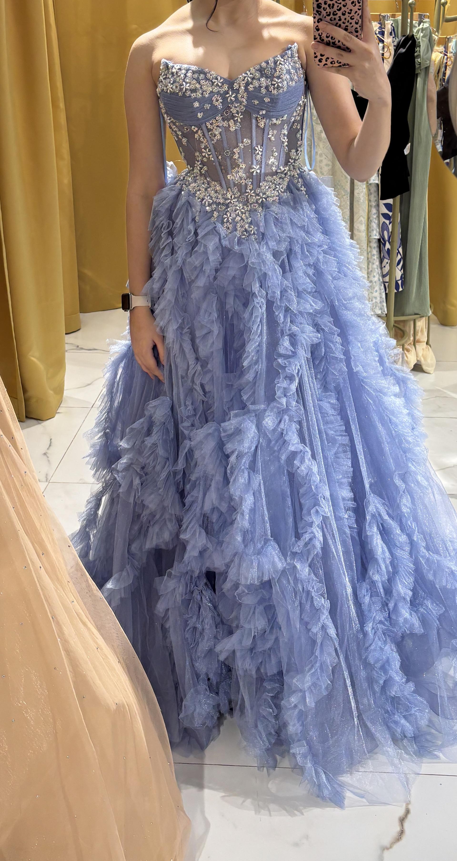 Dusty Blue Tulle Strapless Ball Gown Prom Dress Sweetheart Illusion Lace Crystal Beaded Corset Ruffled Feather Tiered Skirt
