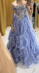 Dusty Blue Tulle Strapless Ball Gown Prom Dress Sweetheart Illusion Lace Crystal Beaded Corset Ruffled Feather Tiered Skirt