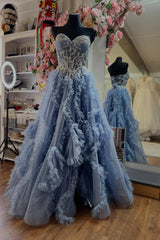 Dusty Blue Tulle Strapless Ball Gown Prom Dress Sweetheart Illusion Lace Crystal Beaded Corset Ruffled Feather Tiered Skirt