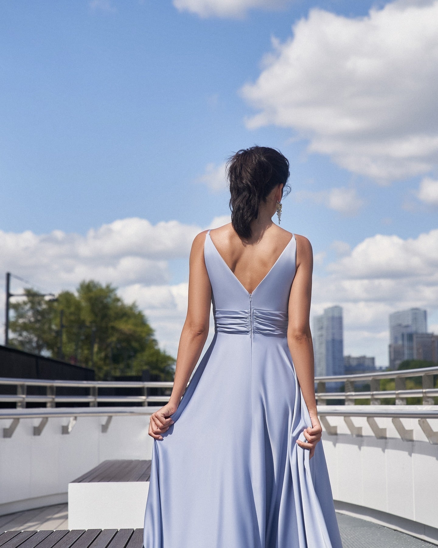 Dusty Blue V-Neck Sleeveless Long A-Line Satin Formal Dress Ruched Waist High Slit Evening Gown