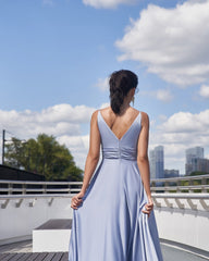 Dusty Blue V-Neck Sleeveless Long A-Line Satin Formal Dress Ruched Waist High Slit Evening Gown
