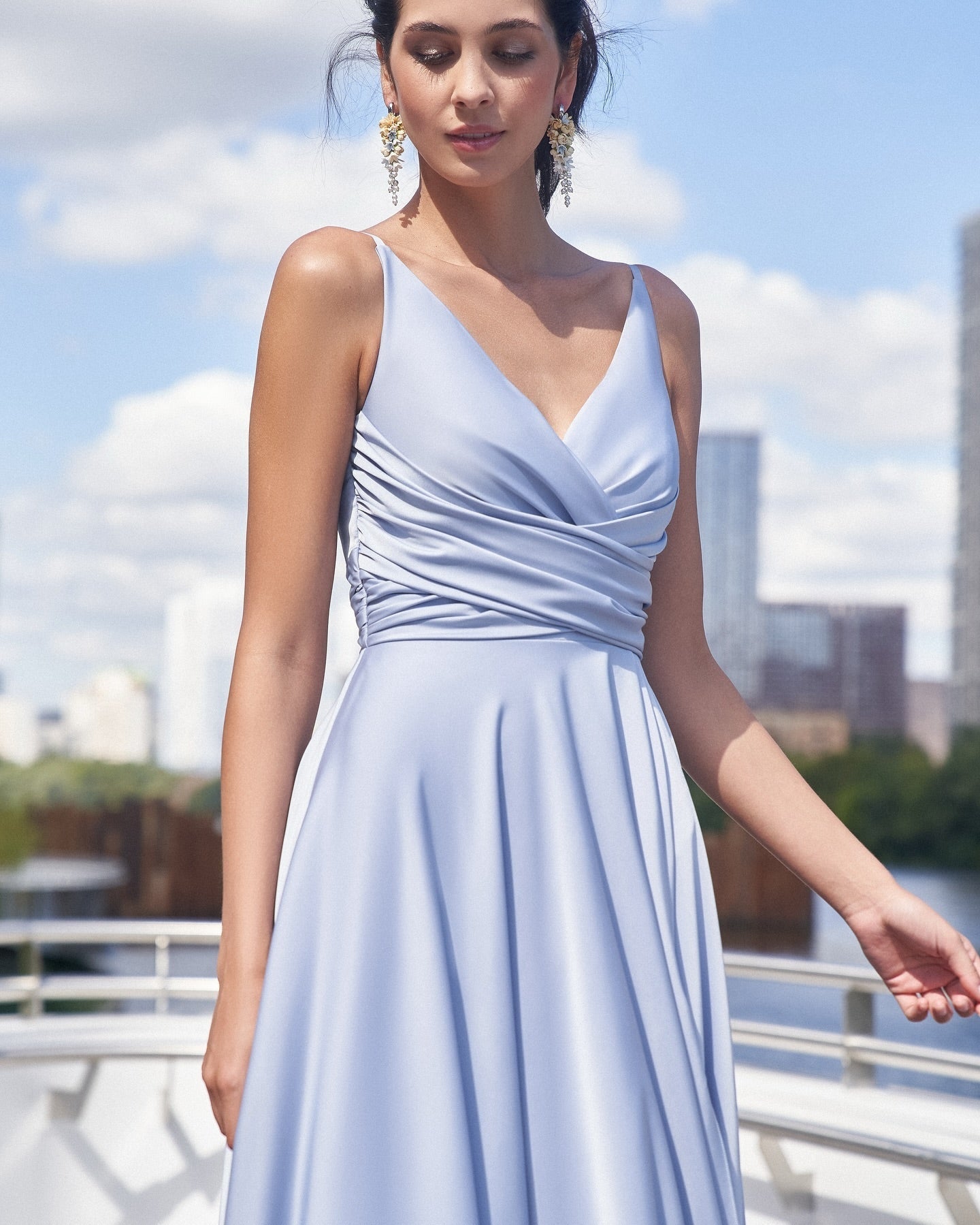 Dusty Blue V-Neck Sleeveless Long A-Line Satin Formal Dress Ruched Waist High Slit Evening Gown