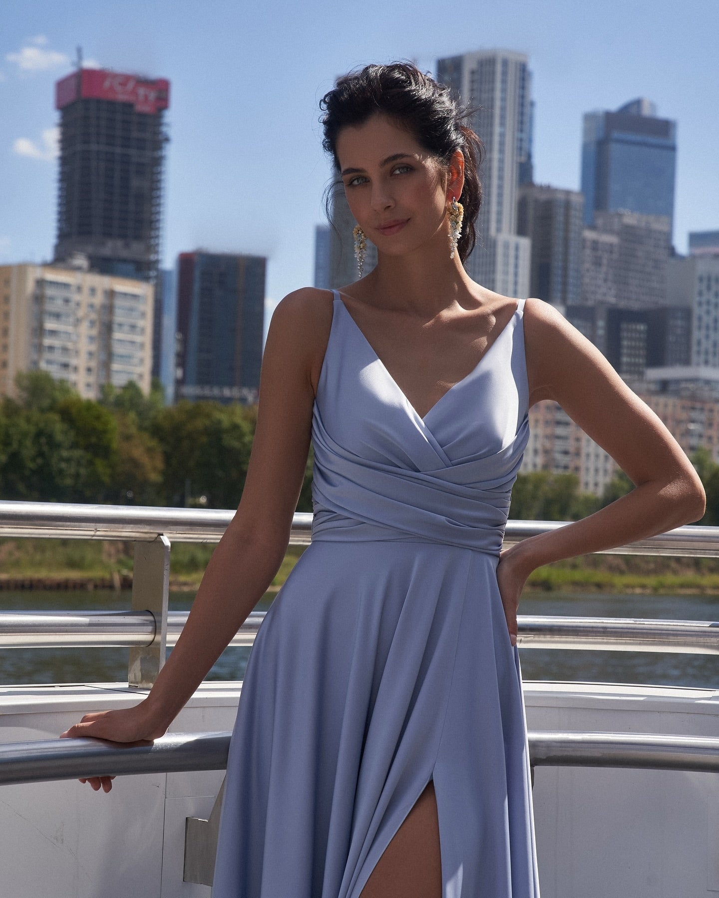 Dusty Blue V-Neck Sleeveless Long A-Line Satin Formal Dress Ruched Waist High Slit Evening Gown