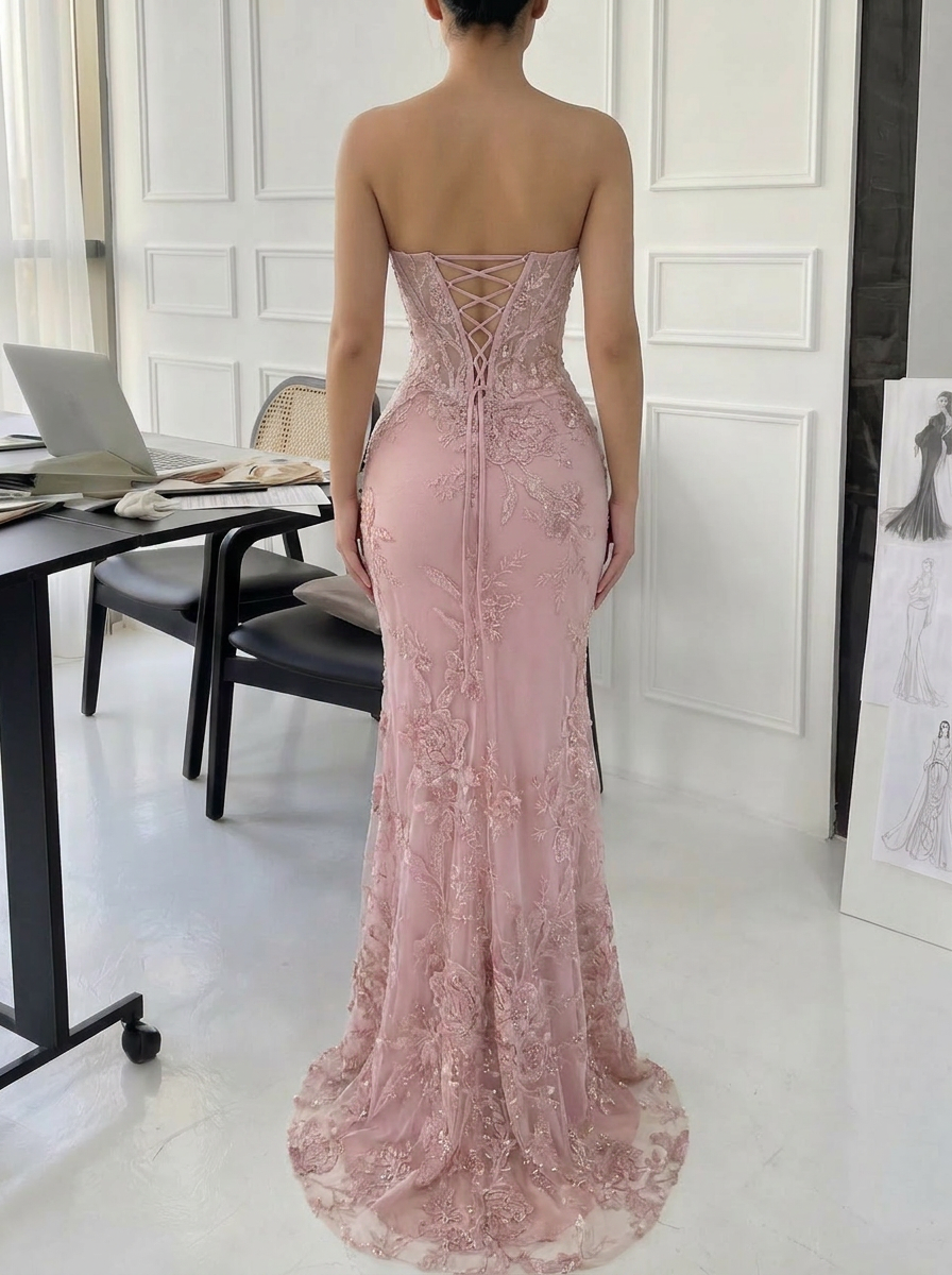 Dusty Pink Glitter Lace Mermaid Prom Dress Strapless Sweetheart Illusion Cage Corset Bodice High Slit Lace-Up Back Floor Length